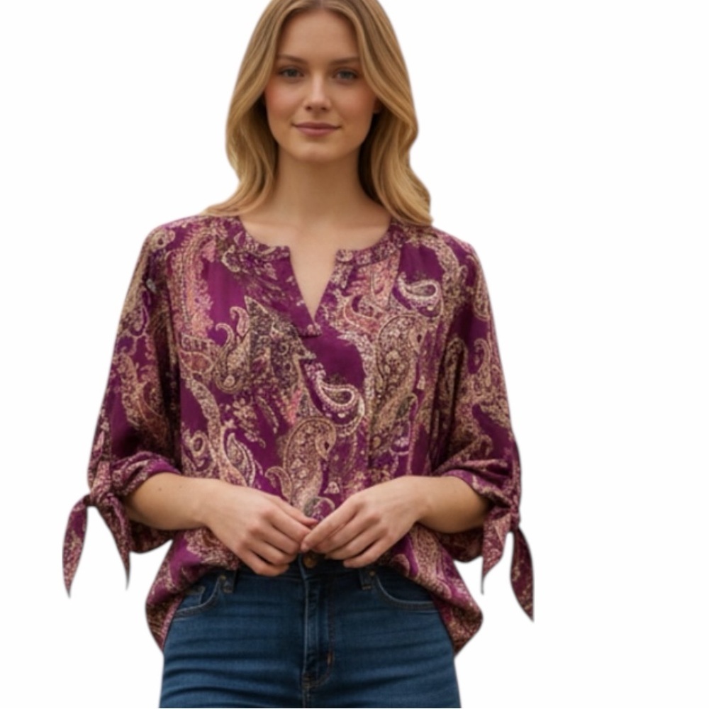 Simply Emma Blouse 1X purple paisley print 3/4 sleeves with tie cuffs